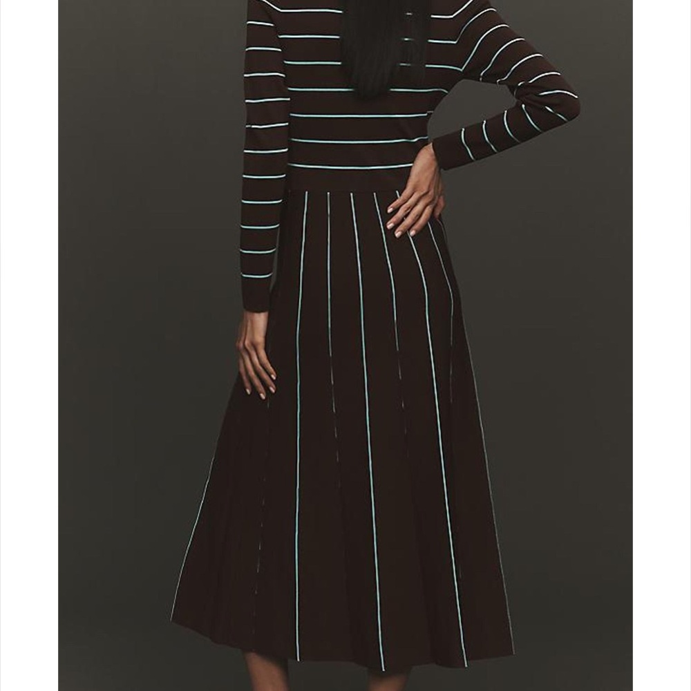 Siempre x Anthropologie Brown Striped Knit Polo Midi Dress Pleated Skirt NWT M - Picture 6 of 7